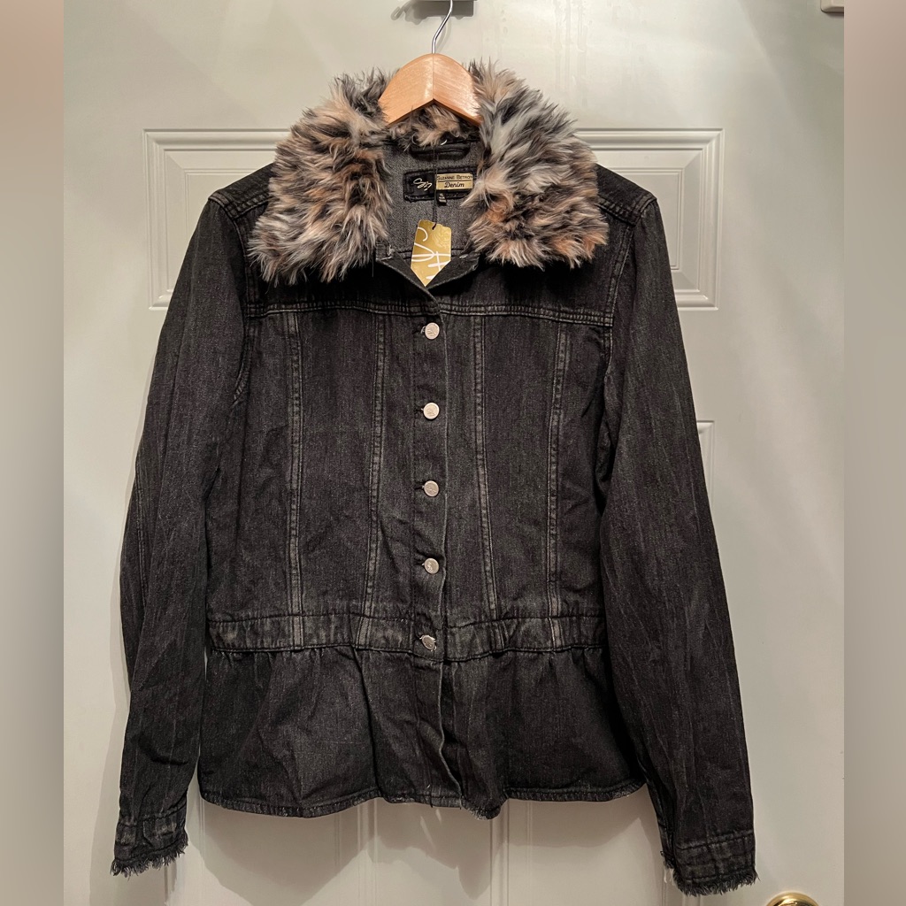 Suzanne Betro Nwt Black Faux Fur Collar Jean Jacket Size Xl